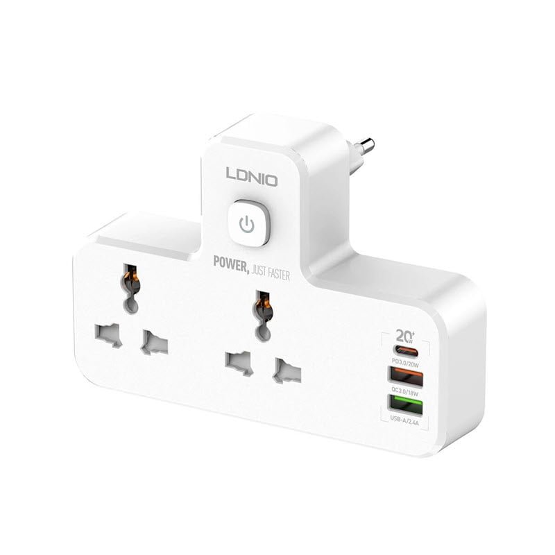 LDNIO Wall Power with 2 Power Sockets and 3 20W Fast Charging Ports ( 2 USB - 1 Type-C )