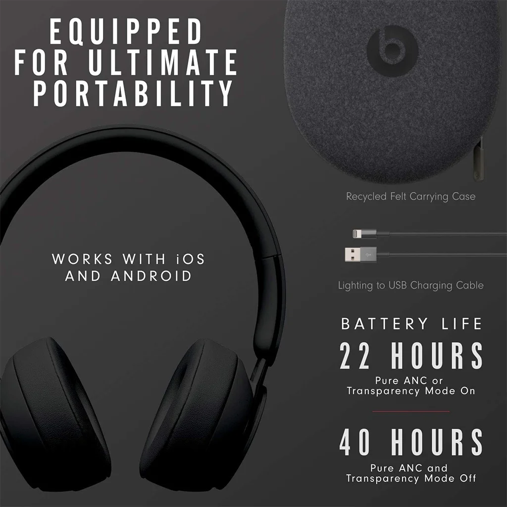 Beats Solo Pro, Class 1 Bluetooth, 40 Hours of Listening Time, Built-in Microphone - Black image 3